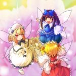  :&lt; black_hair blonde_hair bow brown_eyes brown_hair derivative_work dress drill_hair fairy_wings flower fun_bo gradient_hair hair_bow hat long_hair luna_child minigirl multicolored_hair multiple_girls open_mouth purple_hair red_eyes ribbon short_hair smile star_sapphire sunny_milk touhou twintails wings yuu-gi-ou yuu-gi-ou_duel_monsters 