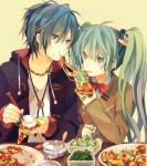  aqua_eyes aqua_hair blue_eyes blue_hair bowtie couple eating food food_on_face green_eyes green_hair hair_ornament hairclip hatsune_miku hoodie ice_cream jewelry kaito long_hair nail_polish necklace open_mouth pizza spring_onion sweater twintails vocaloid 