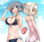  blonde_hair blue_eyes blue_hair breasts brown_eyes can casual_one-piece_swimsuit cleavage coca-cola do do_(taka) hidamari_sketch hiro nazuna nori one-piece_swimsuit short_hair soda_can swimsuit twintails 