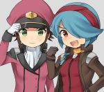  blue_hair brown_eyes brown_hair character_request gloves green_eyes gundam gundam_age hair_over_one_eye hat headband inaho jacket millais_alloy peaked_cap 