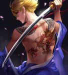  back backpiece blonde_hair cherry_blossoms dragon from_behind ivan_karelin japanese_clothes kame4282 katana male petals purple_eyes shirtless solo sword tattoo tiger_&amp;_bunny violet_eyes weapon 