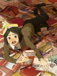  bangs black_hair blush bob_cut book book_on_head command_spell dotaku fate/stay_night fate/zero fate_(series) green_eyes lying male object_on_head open_mouth parted_bangs short_hair solo sweat too_many_books waver_velvet 