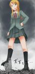  absurdres blonde_hair city destruction footwear giantess green_eyes hair_ornament highres kousaka_kirino long_hair ore_no_imouto_ga_konna_ni_kawaii_wake_ga_nai ribbon school_uniform skirt socks solo terada_ochiko 