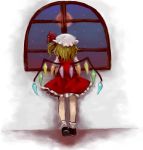  ankle_socks blonde_hair bobby_socks dress flandre_scarlet frills from_behind full_moon hat lowres moon ozawa red_moon ribbon shoes short_hair side_ponytail sky socks solo star_(sky) starry_sky the_embodiment_of_scarlet_devil touhou white_background window wings 