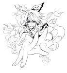 bow dissolving face fire foreshortening fujiwara_no_mokou grin hair_bow hands highres iro_marimo lineart long_hair monochrome outstretched_hand smile solo touhou 