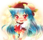  animal_ears blue_hair blush bow cat_ears chain chains collar food fruit hat hinanawi_tenshi long_hair open_mouth peach ranka224 red_eyes ribbon solo touhou 