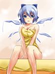  adult blue_eyes blue_hair blush bow breast_squeeze breasts cirno cleavage fairy hair_bow highres large_breasts melting naked_towel nishi_koutarou short_hair sitting solo sweat touhou towel wings 