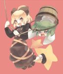  bad_id blonde_hair blue_eyes blush bucket dress girl_in_bucket green_hair hair_bobbles hair_ornament hair_ribbon in_bucket in_container kisume konbu_ame kurodani_yamame multiple_girls open_mouth ponytail ribbon rope short_hair touhou twintails yellow_eyes 