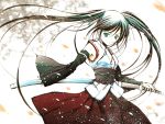  aqua_eyes aqua_hair hatsune_miku japanese_clothes katana long_hair petals sword twintails vocaloid weapon white 