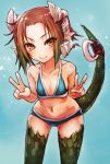  1girl bare_shoulders bikini blue_bikini brown_eyes brown_hair double_v dragon_girl fang highres horns leaning_forward monster_girl navel pointy_ears scales short_hair smile solo swimsuit tail taishi_(artist) v 