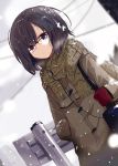  1girl bag black_hair blue_eyes bob_cut coat copyright_request dutch_angle earbuds glasses gloves guard_rail hand_in_pocket looking_at_viewer mittens plaid red-framed_glasses scarf school_bag short_hair snow snowing solo sukima_(crie) toggles 