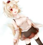  1girl ;d animal_ears blonde_hair fang hat inubashiri_momiji miniskirt open_mouth red_eyes short_hair skirt smile solo tail thigh-highs thighhighs tokin_hat touhou wink wolf_ears 