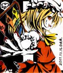  1girl bad_id blood dated flandre_scarlet hat looking_at_viewer nora_wanko red_eyes shikishi smile solo touhou wings 