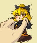  :&lt; anger_vein blonde_hair bow chibi dress fun_bo hair_bow kurodani_yamame minigirl pick_up ponytail short_hair solo touhou trembling yellow_eyes 