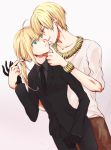  1girl ahoge black_gloves blonde_hair bracelet casual chrom fate/zero fate_(series) formal gilgamesh gloves green_eyes jewelry long_hair male necklace necktie pant_suit ponytail red_eyes saber short_hair suit white_background 