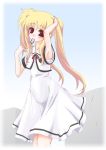  adjusting_hair blonde_hair blush fate_testarossa female flat_chest frapowa lyrical_nanoha mahou_shoujo_lyrical_nanoha mouth_hold no_legwear red_eyes school_uniform smile solo twintails 