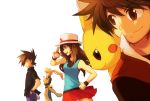  2boys 2girls bare_shoulders black_hair blonde_hair blue_(pokemon) blue_eyes brown_hair chuchu_(pokemon) dress hat holding holding_poke_ball long_hair multiple_boys multiple_girls ookido_green pika_(pokemon) pikachu poke_ball pokemon pokemon_(creature) pokemon_firered_and_leafgreen pokemon_rgby pokemon_special ponytail porkpie_hat red_(pokemon) red_eyes sekka_koyori simple_background skirt white_background yellow_(pokemon) yellow_dress 