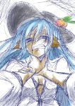  absurdres asphyxiation blue_eyes blue_hair blush choking clenched_teeth drooling fang food fruit hair_over_eyes hat highres hinanawi_tenshi kemonomimi_mode long_hair looking_at_viewer musupon214 open_clothes open_shirt peach pov pov_eye_contact simple_background sketch solo strangling struggling tearing_up teeth touhou white_background 