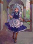  acrylic_paint_(medium) ama-tou apron arcade blue_dress blue_eyes braid brown_legwear cup dress gloves hair_ribbon heterochromia highres izayoi_sakuya knife maid maid_headdress pantyhose red_eyes ribbon silver_hair smile solo tea_set teacup teapot touhou traditional_media tray twin_braids white_gloves 