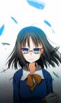  bad_hands black_hair blue_eyes fate/prototype fate_(series) feathers glasses long_hair mousouchiku sajou_ayaka sajyou_ayaka solo 