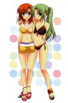  :d absurdres artist_request bare_legs bikini bikini_skirt blue_eyes blush breasts brown_hair cleavage front-tie_top green_eyes green_hair highres higurashi_no_naku_koro_ni large_breasts long_hair looking_at_viewer mound_of_venus multiple_girls nail_polish navel o-ring_bottom o-ring_top open_mouth ponytail ryuuguu_rena sandals short_hair skirt smile sonozaki_mion swimsuit swimsuit thigh_gap wet wink 