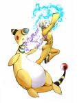  1girl ampharos blonde_hair blue_eyes bruce_lee&#039;s_jumpsuit crossover electricity fire highres huang_baoling pokemon pokemon_(creature) power_connection purple_fire shoes short_hair sneakers tiger_&amp;_bunny yui_(kari) 