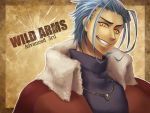  1boy blue_hair brown_background coat earrings grin janus_cascade jewelry magatugami male necklace smile solo title_drop wild_arms wild_arms_3 yellow_eyes 