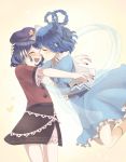  bad_id beret blue_hair closed_eyes dress eyes_closed flower hair_rings hair_stick hat hug jiangshi kaku_seiga konbu_ame miyako_yoshika multiple_girls ofuda open_mouth outstretched_arms shawl short_hair skirt smile star touhou vest zombie_pose 