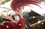  bare_shoulders blurry chain chains fang grin hair_ribbon highres kama_iruka long_hair magical_girl mahou_shoujo_madoka_magica outstretched_hand polearm ponytail red_eyes red_hair redhead ribbon sakura_kyouko smile solo spear weapon 