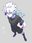  1boy ancient_dark armband ball blue_hair character_name cosplay from_above hakuryuu_(inazuma_eleven) inazuma_eleven_(series) inazuma_eleven_go long_hair male multicolored_hair shuu_(inazuma_eleven) shuu_(inazuma_eleven)_(cosplay) simple_background soccer_ball soccer_uniform solo standing telstar two-tone_hair violet_eyes white_hair zuwai_kani 