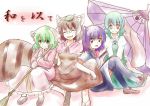  animal_ears bamboo_broom black_hair black_legwear blue_eyes blue_hair bow broom brown_hair closed_eyes dress eyes_closed futatsuiwa_mamizou glasses green_eyes green_hair heterochromia houjuu_nue karakasa_obake kasodani_kyouko leaf leaf_on_head multiple_girls open_mouth pince-nez raccoon_ears raccoon_tail red_eyes short_hair skirt smile tail taka tatara_kogasa thigh-highs thighhighs tongue touhou umbrella zettai_ryouiki 