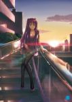 akai_yami black_legwear blouse breasts building cleavage cloudy_sky high_heels highres jewelry kousaka_tamaki lens_flare long_hair long_legs looking_at_viewer necklace pantyhose purple_hair shoes sky smile solo stairs sunset to_heart_2 yellow_eyes 