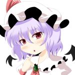  :o bad_id bat_wings detached_wings dress fang hat highres meracle mini_wings pointing purple_hair red_eyes remilia_scarlet ribbon solo touhou white_background wings 