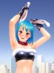  armpits bare_shoulders blue_hair breasts brown_eyes bunny_ears collar face gloves highres midriff original skyline solo yui_toshiki 