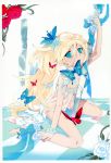  absurdres aqua_eyes barefoot blonde_hair bow copyright_request flower hair_flower hair_ornament highres mizu mouth_hold petals scepter solo wristband 
