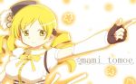  beret blonde_hair breasts character_name corset detached_sleeves drill_hair fingerless_gloves gloves hair_ornament hat kame_no_nin large_breasts magical_girl mahou_shoujo_madoka_magica official_style pointing ribbon smile solo taut_shirt tomoe_mami white_background yellow yellow_eyes 