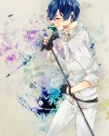  blue_eyes blue_hair character_name earrings fingerless_gloves fingernails gloves headset jewelry kaito male microphone nail_polish neat-4 solo uniform vocaloid 