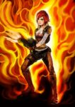  belt boots borderlands borderlands_(video_game) breasts cleavage female fingerless_gloves fire gloves gun hips jacket lilith_(borderlands) pants red_hair redhead short_hair solo tattoo tubetop weapon yellow_eyes yoichi_soh youichi 