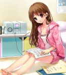  barefoot bed bloomers blush brand_name_imitation brown_hair calendar_(object) cd cd_case cd_player cherry_print earphones face feet headphones jacket listening_to_music momoko_(momopoco) nightstand pajamas pencil pink_eyes sheet_music solo sony stereo toes 