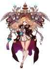  absurdres angel_wings blonde_hair blue_eyes blue_fire breasts broken_chains cape chain chain_necklace chains crown dress elaborate_frame fire highres jewelry long_hair medusa necklace olivia_(yh) original puffy_sleeves shoes signature simple_background skeleton smile solo white_background wings 