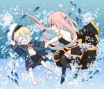  1girl bandage bandages blonde_hair bubble chibi fish hand_holding hat holding_hands long_hair megurine_luka miza-sore oliver_(vocaloid) open_mouth pink_hair sailor_hat short_hair shorts smile thigh-highs thighhighs underwater vocaloid 
