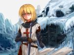  amputee blonde_hair bookseve chainmail copyright_request cross green_eyes knight knights_templar snow sword weapon 