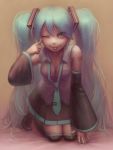  :p akanbe aqua_eyes aqua_hair boots daiyou-uonome detached_sleeves dyuonm face hatsune_miku kneeling long_hair necktie skirt solo thigh-highs thigh_boots thighhighs tongue twintails very_long_hair vocaloid wink 