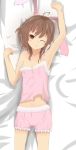  :&lt; absurdres animal_ears armpits bare_shoulders bloomers brown_hair bunny_ears highres inaba_tewi lying midriff navel on_back ramosu short_hair solo strap_slip touhou wink 