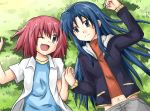  blue_hair grass hand_holding holding_hands kawashima_ami kushieda_minori long_hair lying multiple_girls purple_eyes red_eyes red_hair redhead short_hair toradora! violet_eyes wink youyan 