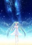  aqua_hair choker closed_eyes cloud dress eyes_closed green_hair hand_on_own_chest hatsune_miku highres jewelry lazy_orange long_hair milky_way necklace night night_sky open_mouth sky star_(sky) starry_sky twintails very_long_hair vocaloid 