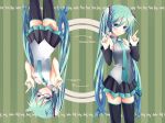  aqua_eyes aqua_hair blush detached_sleeves glasses hatsune_miku long_hair nail_polish necktie pointing rotational_symmetry skirt smile striped striped_background tbdfactory thigh-highs thighhighs twintails upside-down very_long_hair vocaloid vocaloid_(lat-type_ver) 