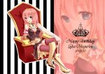  armband bandage bandages blue_eyes boots bow bra breasts character_name cleavage crossed_legs garter_straps happy_birthday legs_crossed long_hair looking_at_viewer megurine_luka pink_hair sitting smile solo tape thigh-highs thighhighs throne tiara underwear vocaloid yayoi_(egoistic_realism) 