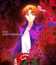  birthday black_eyes dated earrings fate/zero fate_(series) haruna_hisui jacket jewelry male orange_hair purple_jacket smile solo uryuu_ryuunosuke 