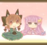  animal_ears blush bow braid capelet cat_ears cat_tail chibi crescent dress extra_ears fang green_dress grey_eyes hair_bow hair_ribbon hazuki_ruu highres kaenbyou_rin kemonomimi_mode letterboxed long_hair multiple_girls multiple_tails no_hat no_headwear o3o open_mouth patchouli_knowledge pointy_ears purple_dress purple_hair red_eyes red_hair redhead reiuji_utsuho reiuji_utsuho_(bird) ribbon sitting sitting_on_lap sitting_on_person smile tail third_eye touhou twin_braids 